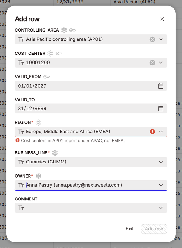 A NextTables form refusing a region that contradicts the controlling area, with the rule's message at the field