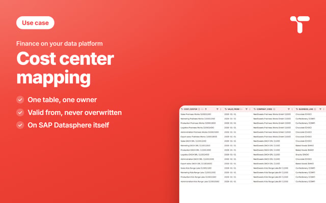 Use case cover: Cost center mapping, finance on your data platform, with the maintained table beside it