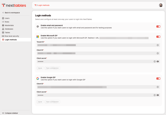 A Screenshot of the NextTables login settings.