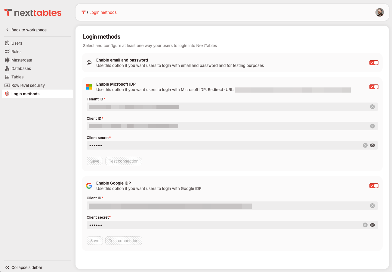 The login methods page in NextTables with Microsoft and Google identity providers enabled