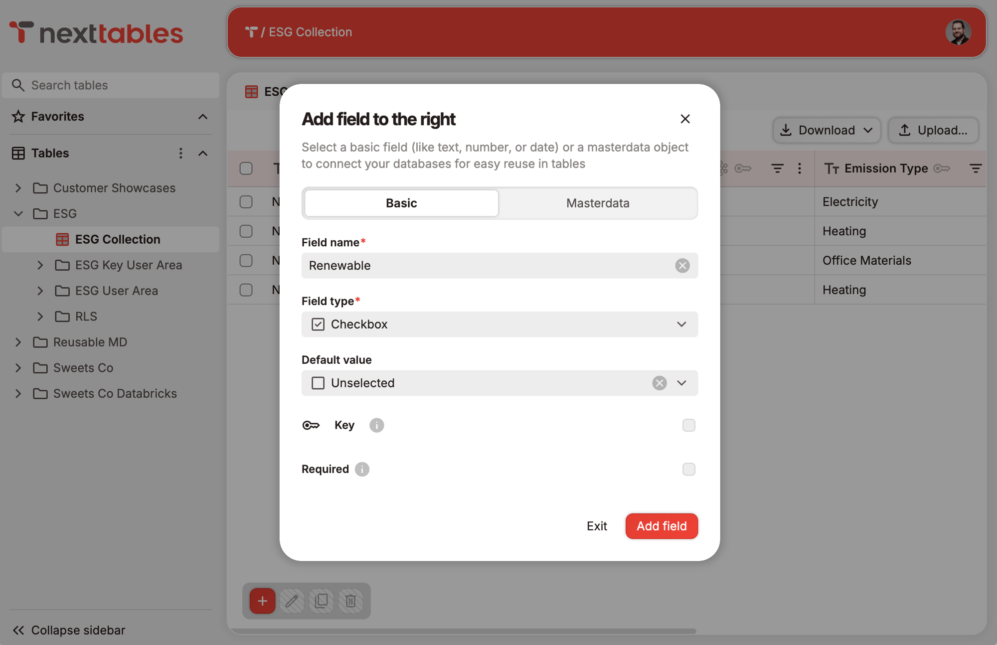 Add a field easily in NextTables in your ESG data