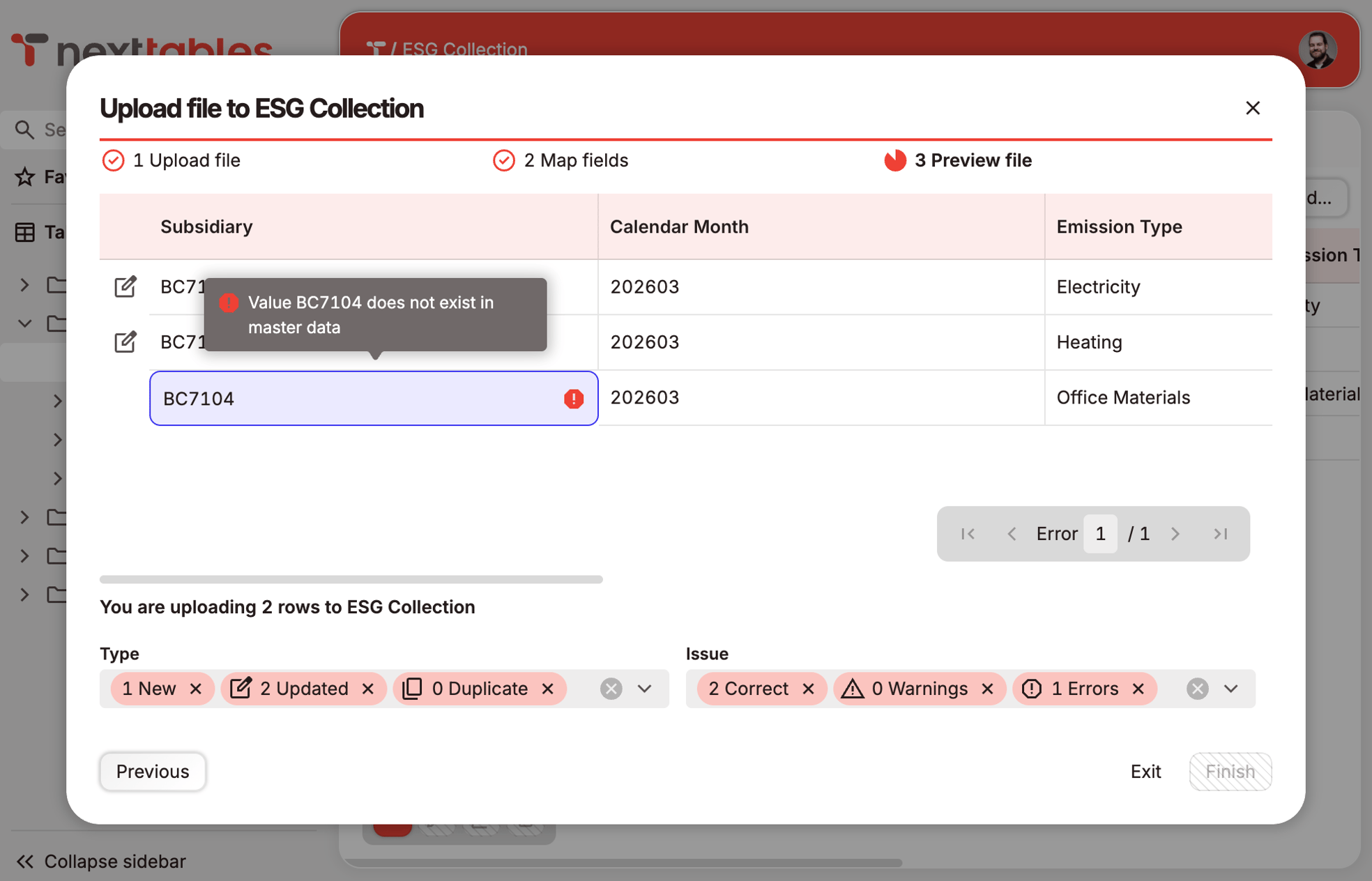 ESG upload validation