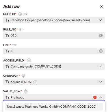Add row in the finance access table: the user picked by name, and typing Pralinees finds NextSweets Pralinees Works GmbH, company code 1000 Add row in the finance access table: the user picked by name, and typing Pralinees finds NextSweets Pralinees Works GmbH, company code 1000