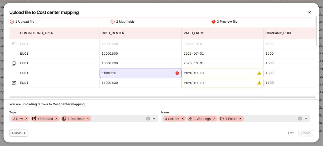 Upload preview of the October file: a mistyped cost center marked red, two rows dated January 1, 2026 marked yellow, and Finish held until the error is fixed Upload preview of the October file: a mistyped cost center marked red, two rows dated January 1, 2026 marked yellow, and Finish held until the error is fixed