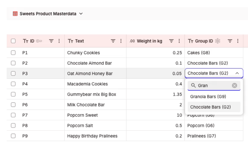 Product master data grid in NextTables: a group ID picked from the value help