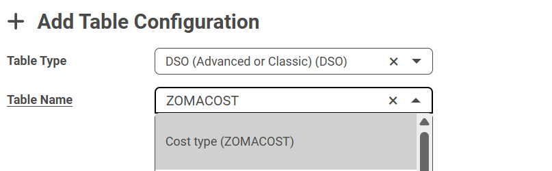 The Table Name search showing the entry Cost type (ZOMACOST) after typing ZOMACOST