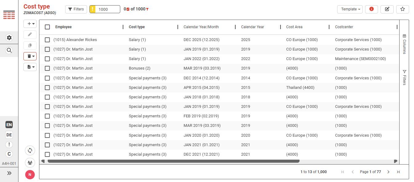 The configured Cost type table open in NextTables, showing ten columns of data with the editing toolbar on the left