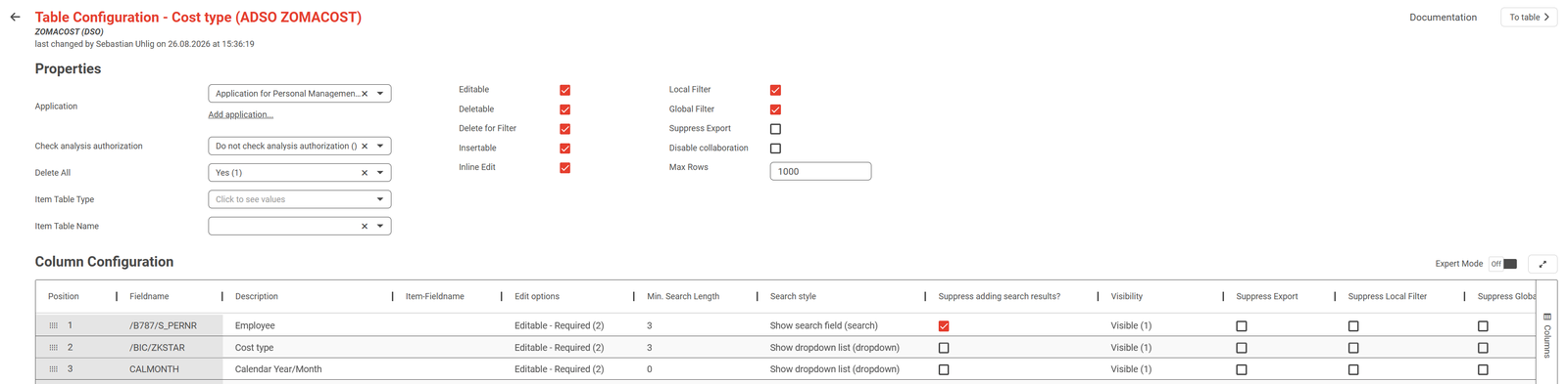 The configuration of the Cost type table: the properties block above, the first rows of the column configuration below