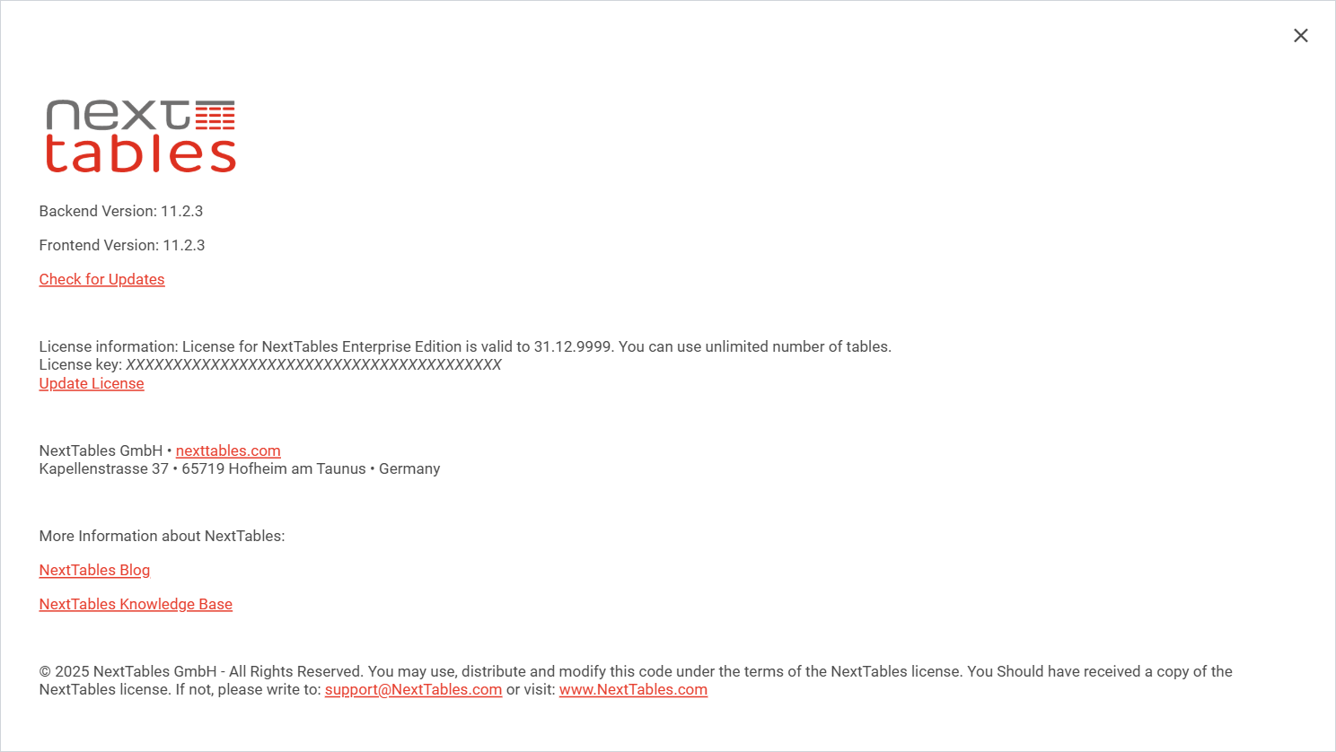 The Copyright and License dialog showing backend and frontend version, a Check for Updates link, the license information line, the masked license key and the Update License link