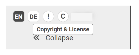 The bottom of the NextTables menu with the language buttons and the round C button, whose tooltip reads Copyright and License