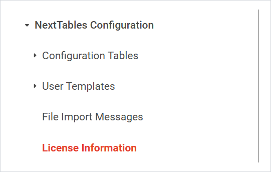 The left menu with NextTables Configuration expanded and the entry License Information selected