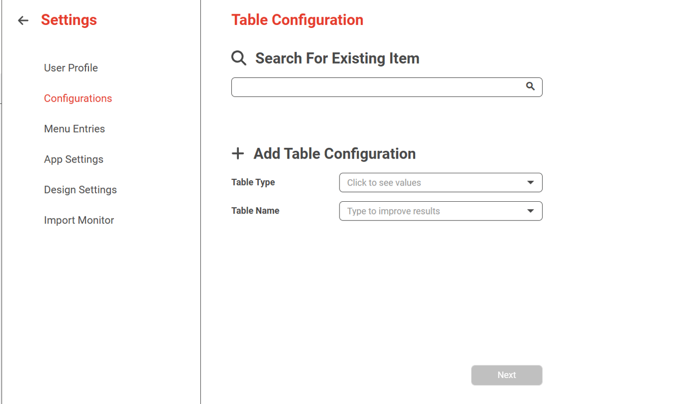 The Table Configuration screen under Settings, Configurations: search for an existing item, or add a new table configuration by table type and table name