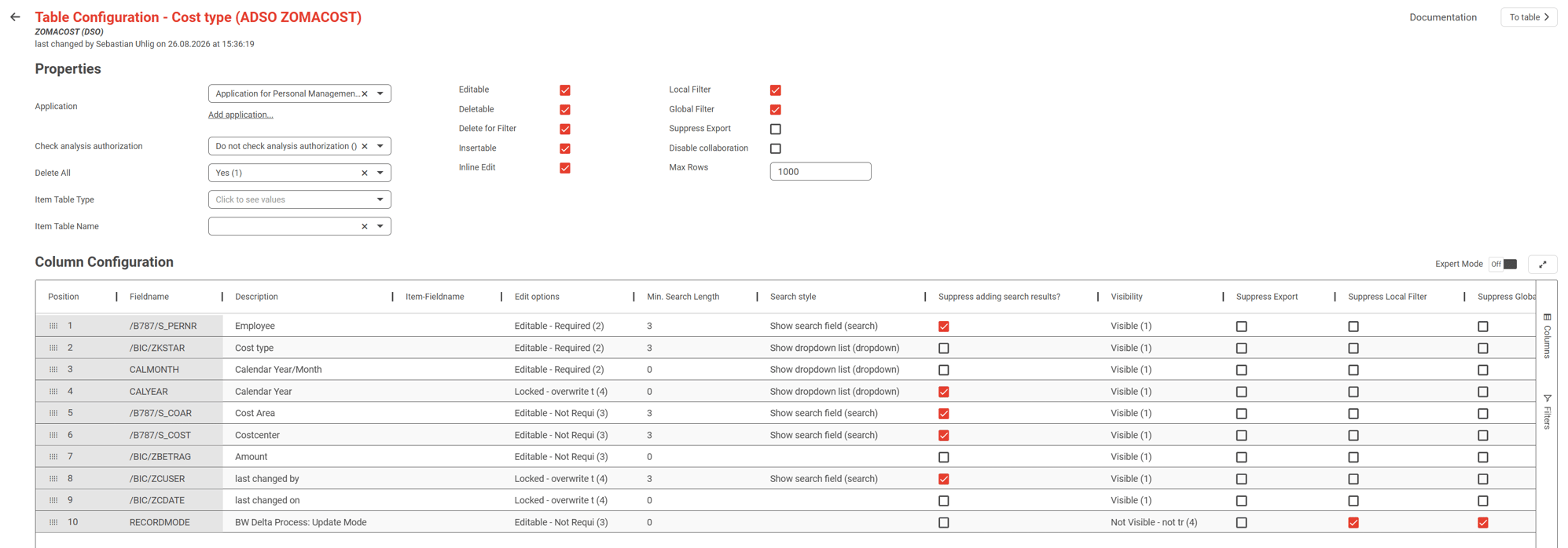 An opened table configuration in NextTables, with the Properties section on top and the Column Configuration below it, and the expert mode toggle at the top right