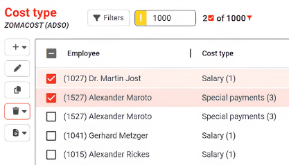 NextTables grid inside SAP BW, close up: the Cost type table with its Employee and Cost type columns and two rows picked for editing.