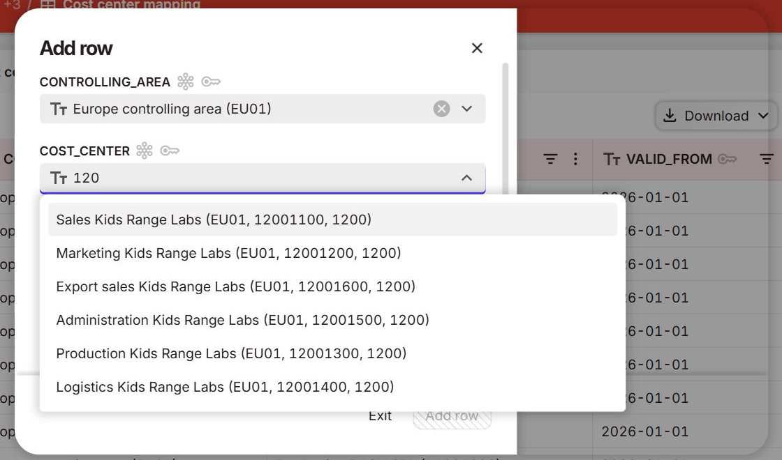 An Add row dialog with Europe controlling area (EU01) selected and 120 typed into the COST_CENTER field. The open list offers six Kids Range Labs cost centers, each with EU01, its number and 1200: Sales 12001100, Marketing 12001200, Export sales 12001600, Administration 12001500, Production 12001300 and Logistics 12001400.