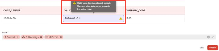 Two crops of the Upload file to Cost center mapping preview, separated by a thin line. Above, the file row 12001400 with valid from 2026-01-01 and company code 1200, where a red box marks the valid from cell, its yellow warning triangle and the tooltip "Valid from lies in a closed period. The report restates every month from that date." Below, from the foot of the same preview, the counters 1 Correct, 1 Warnings and 0 Errors, and the enabled red Finish button beside Exit.