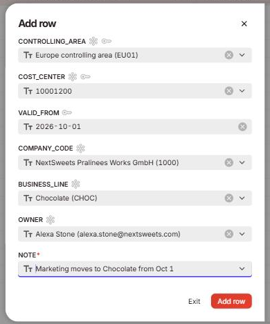 An Add row form filled in with controlling area Europe controlling area (EU01), cost center 10001200, valid from 2026-10-01, company code NextSweets Pralinees Works GmbH (1000), business line Chocolate (CHOC) and owner Alexa Stone. The NOTE field, marked with a red asterisk, reads "Marketing moves to Chocolate from Oct 1". The form has no valid to field, and the red Add row button is enabled.