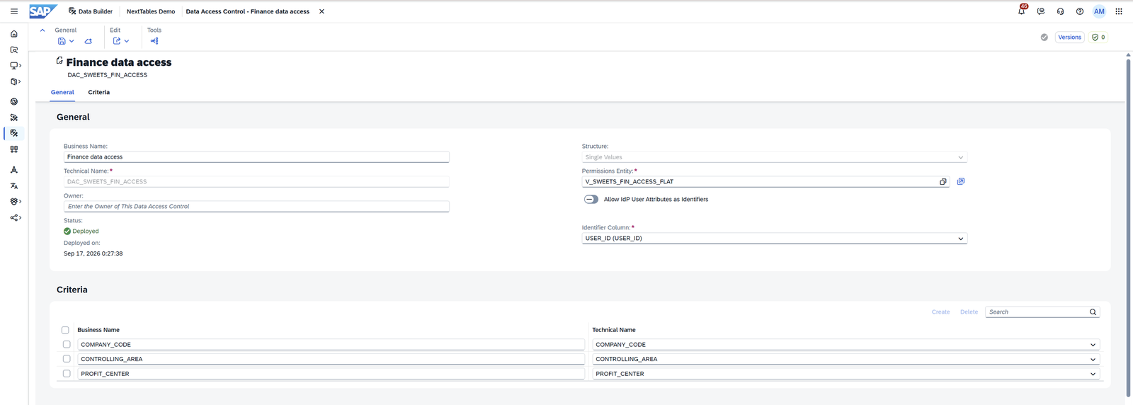 The SAP Datasphere Data Builder in the NextTables Demo space, showing the data access control Finance data access, technical name DAC_SWEETS_FIN_ACCESS, status Deployed, deployed on Sep 17, 2026 0:27:38. Structure is Single Values, the permissions entity is V_SWEETS_FIN_ACCESS_FLAT, and the identifier column is USER_ID (USER_ID). The Criteria section lists three entries: COMPANY_CODE, CONTROLLING_AREA and PROFIT_CENTER.