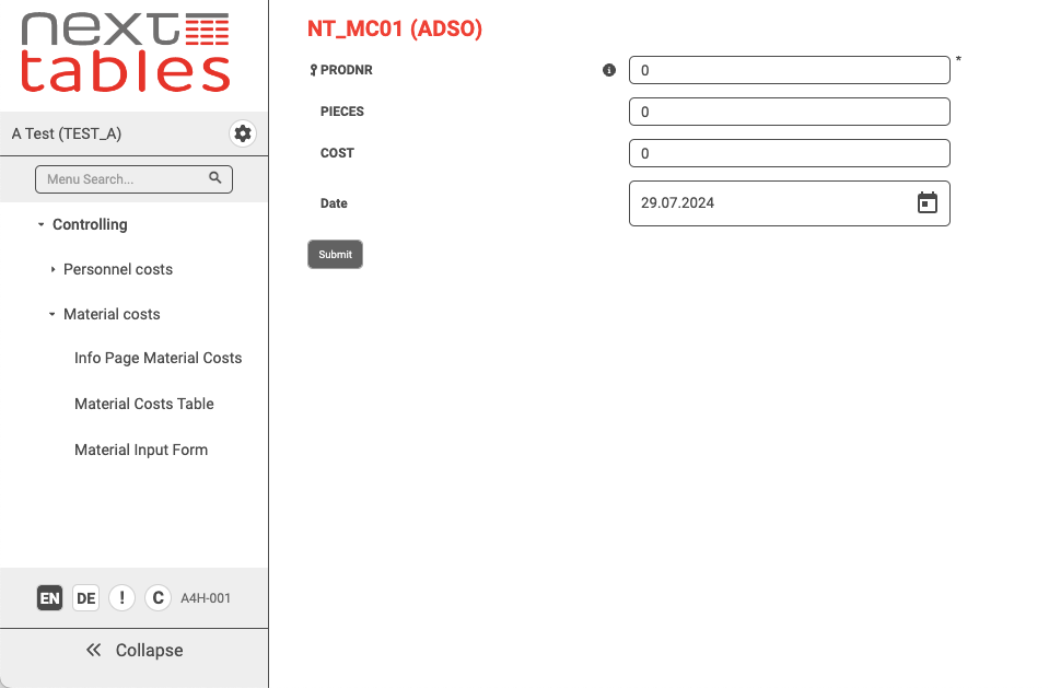 A NextTables add form for a DSO, shown without the underlying table