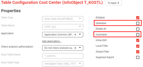 The alias table settings with inserting and deleting disabled