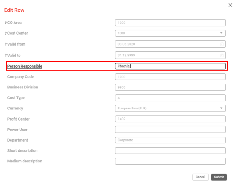 The first alias table in the grid with only the Person Responsible column editable