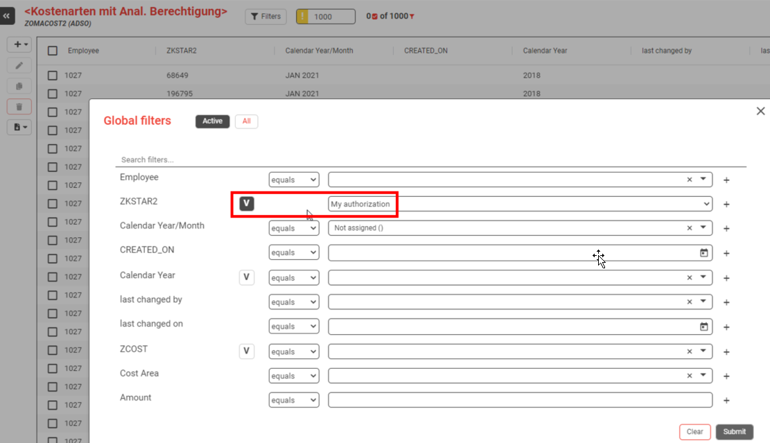 The NextTables global filter with the automatically generated authorization variables
