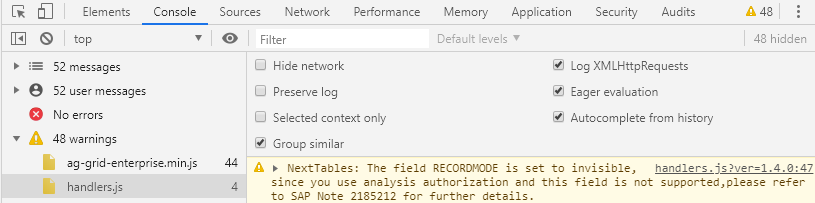The browser console listing the fields that cannot be displayed while the analysis authorization check is active