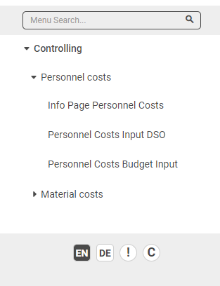 The NextTables menu showing the full Controlling structure with both departmental entries visible