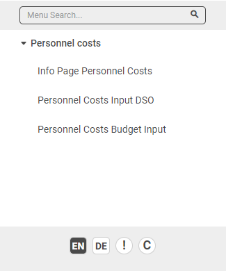 The NextTables menu showing only the Personnel Costs entry for a user without the top-level role