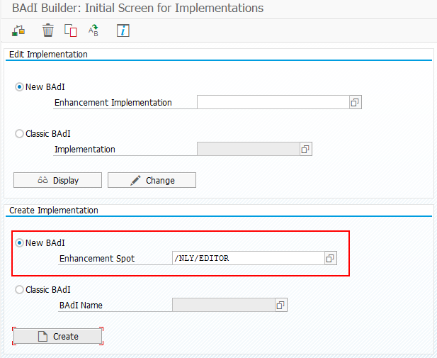 The SE19 initial screen with the enhancement spot /NLY/EDITOR entered and the Create button