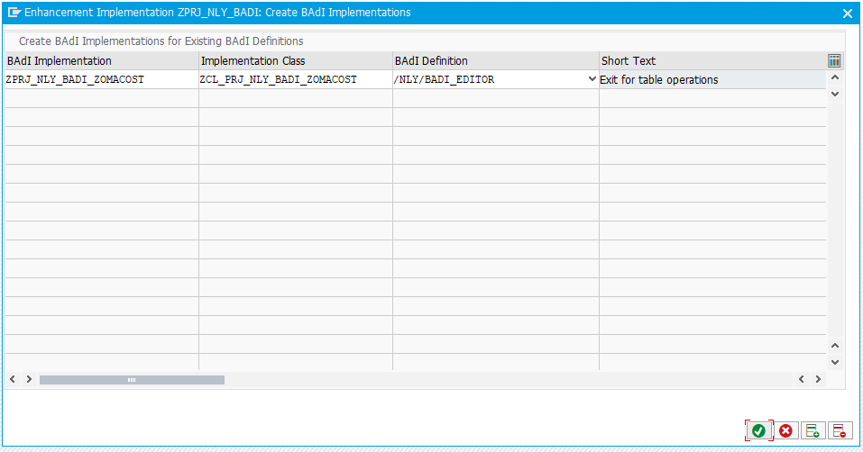 Dialog for creating a BAdI implementation, with the implementation name, class name and the BAdI definition