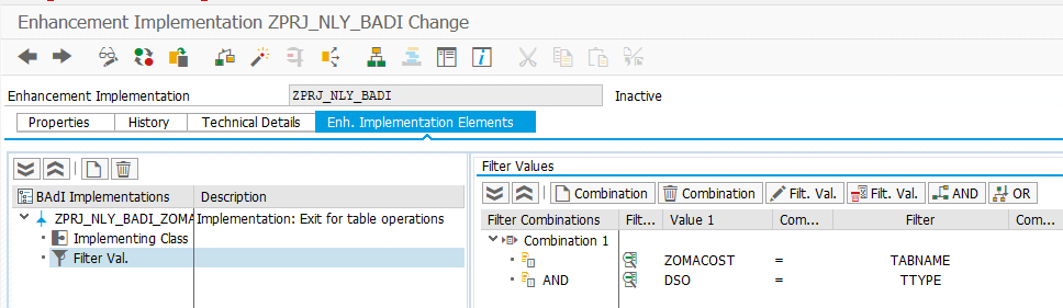 The Filter Values section of a BAdI implementation, with table name and table type criteria
