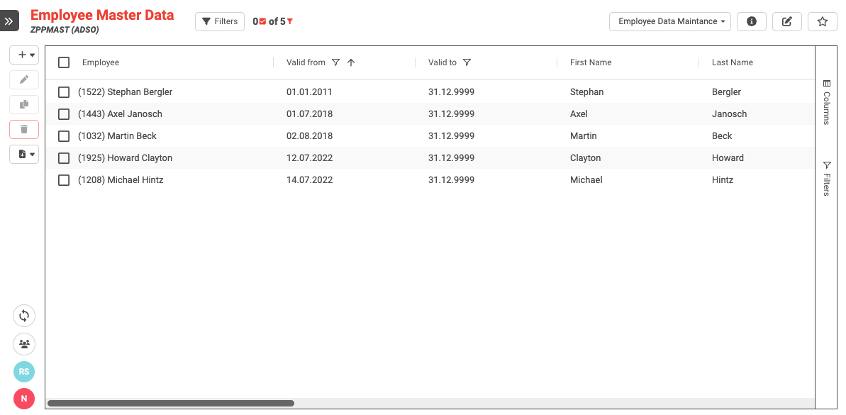 The NextTables table footer showing the active user list as initials on colored backgrounds