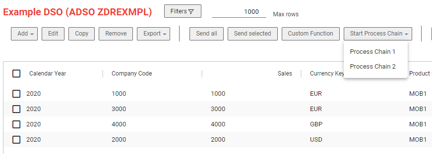 A NextTables table with custom buttons in the top menu