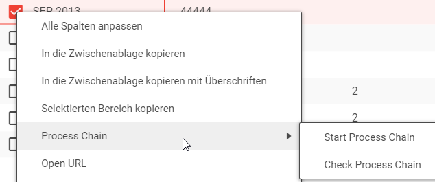 A submenu in the NextTables context menu grouping two process chain buttons