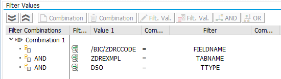 The Filter Values section of an Import BAdI implementation, with table name, table type and field name criteria