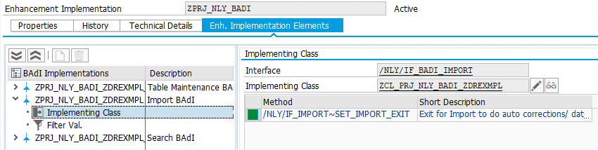 The implementing class of the Import BAdI with the SET_IMPORT_EXIT method