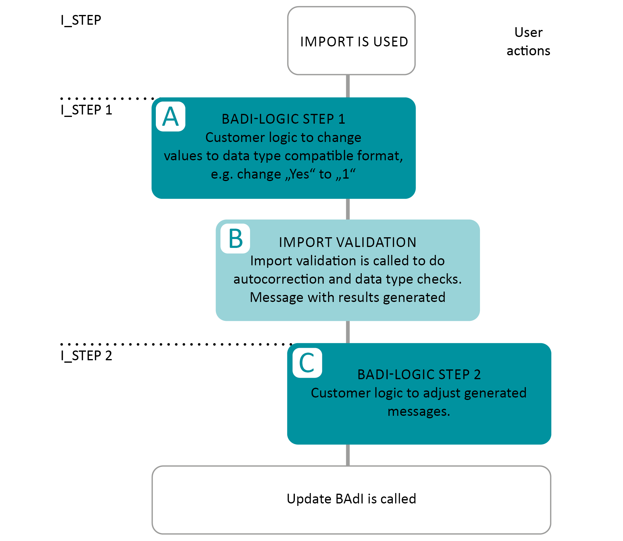 Diagram of the import processing steps, from the raw value through the Import BAdI, the type check and validation, to the database write
