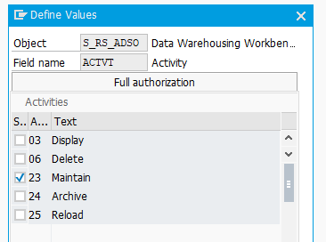 The authorization object S_RS_ADSO with the DataStore object name, InfoArea and activity fields