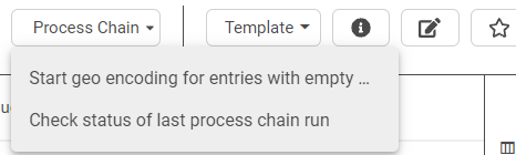 The NextTables top menu with a Process Chain submenu containing the start and status buttons
