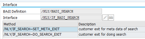 The implementing class of the Search BAdI with its two exit methods in the method list