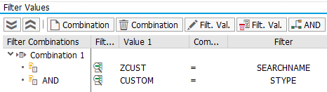 The Search BAdI filter set to search type CUSTOM with a custom search name