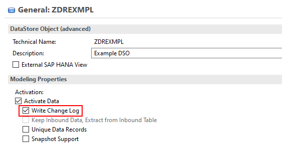 An advanced DataStore object opened in the BW Modeling Tools, showing the template settings that decide its behavior