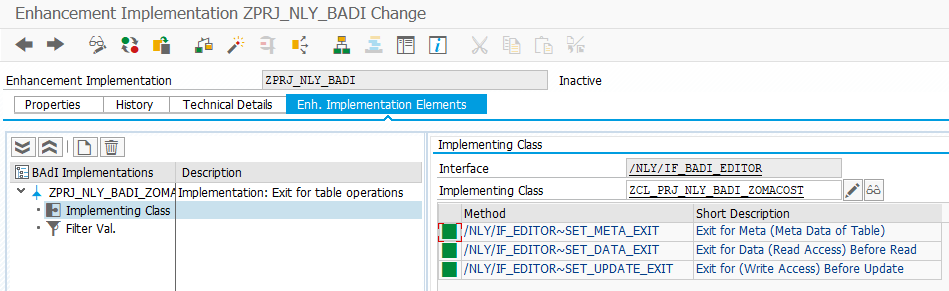 The implementing class of the table maintenance BAdI with its three exit methods in the method list