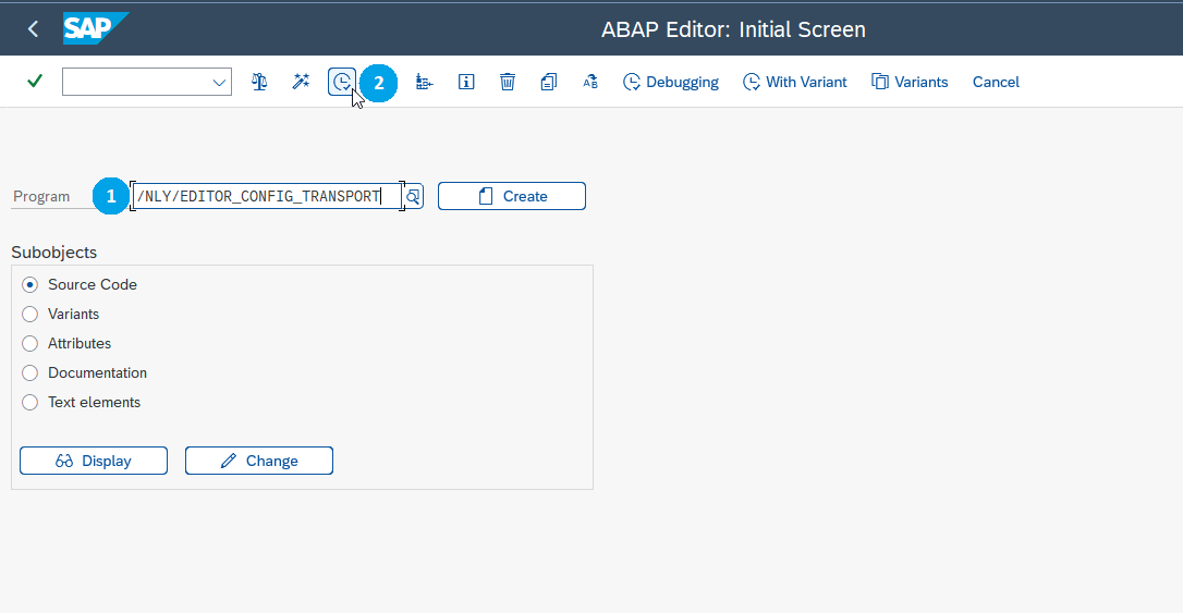 Transaction SE38 with the program /NLY/EDITOR_CONFIG_TRANSPORT entered and the execute button
