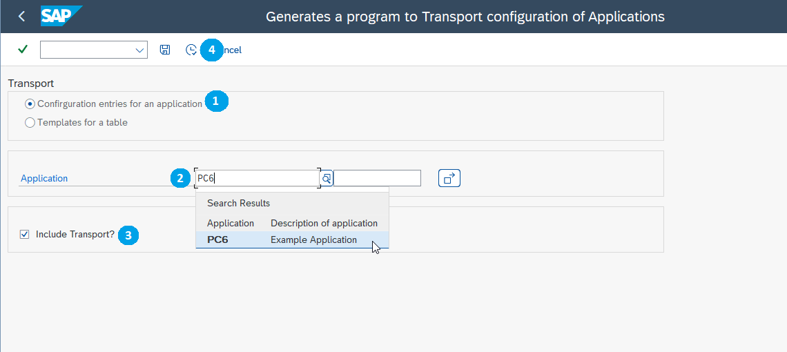 The transport program selection screen with the configuration option, the application name and the Include Transport checkbox