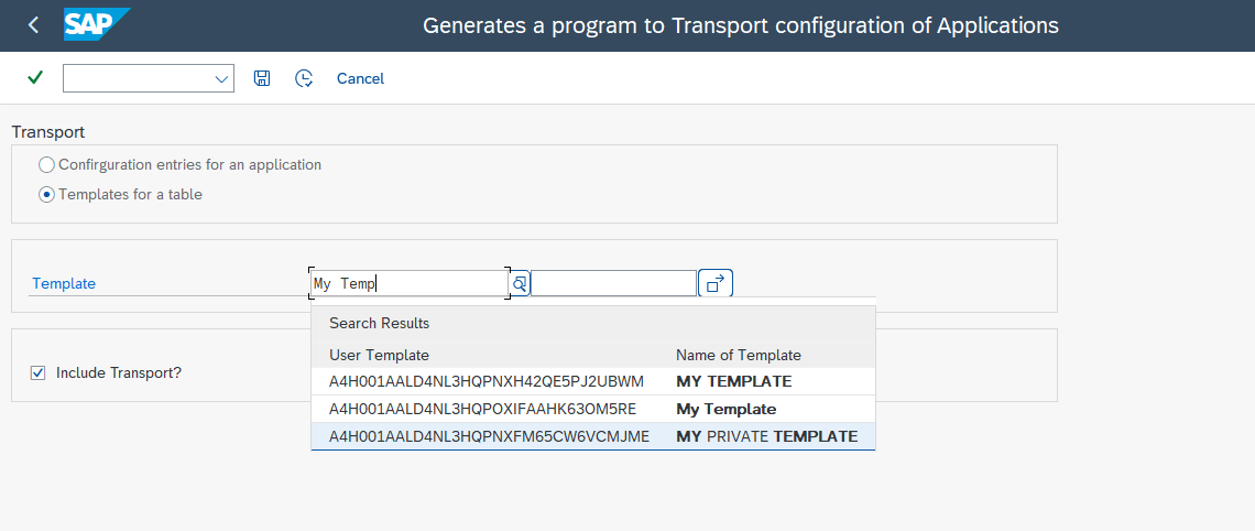The transport program with the templates for table option selected and a template name entered
