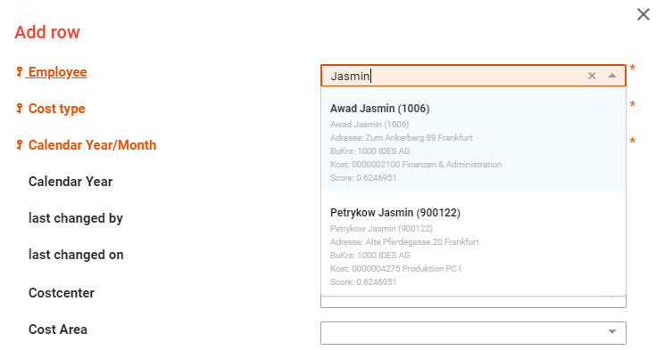 A NextTables value help showing search results with a key, a description and additional context per entry