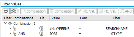 The Filter Values section of a Search BAdI implementation, restricting it to one InfoObject