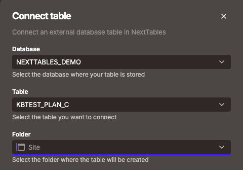 Connect table panel in NextTables with a database, a table that has a primary key and a target folder selected, and no key column selection